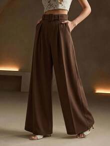 Anewsta High-Waisted Wide-Leg Pants For Women, New A-Line Design With Elegant Feel, Slimming, Minimalist With Detachable Belt - Coffee Brown - View 6