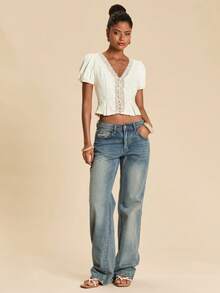 SHEIN TRVLCHIC Women's Elegant Solid Color Lace Patchwork Blouse, Summer,Summer Top - Apricot - View 3