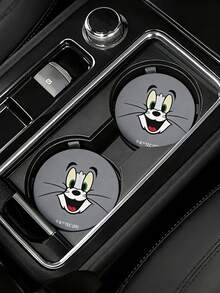 TOM & JERRY X SHEIN 2件套PU皮革汽车杯架垫，防震，通用，时尚汽车杯架垫，可放置于汽车杯架中，适用于汽车和家庭办公室，To M,Jerr Y - A - 查看 3