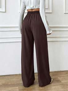 EMERY ROSE 女士春夏纯色腰带扣装饰直筒阔腿裤，腰部松紧带阔腿长裤，时尚休闲通勤裤，户外服装，女士夏季服装，夏季长裤，户外长裤，纯色长裤 - 棕色 - 查看 3
