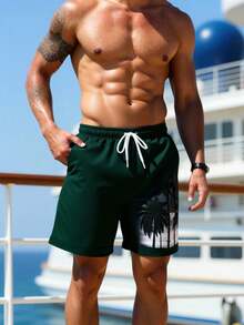 Manfinity Swimmode Men's Drawstring Waist Palm Tree Print Casual Beach Shorts Holiday / Vacation / Beach / Hawaii / Tropical / Swim /  Bathing - Dark Green - View 7