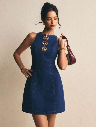 Poéselle Đầm denim không tay kiểu dáng thường ngày dành cho nữ, trang trí kim loại, thích hợp cho mùa hè.