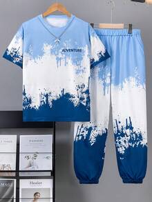 Vacaura 2pcs Tie-Dye Gradient Effect Short Sleeve T-Shirt And Pants Set For Teenage Boys, Suitable For Spring/Summer Outdoor Casual Wear - Blue - View 6