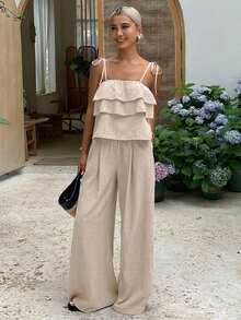 DAZY 两件套女士时尚荷叶边露脐吊带背心和高腰系带阔腿休闲裤夏季套装 - 杏色 - 查看 4