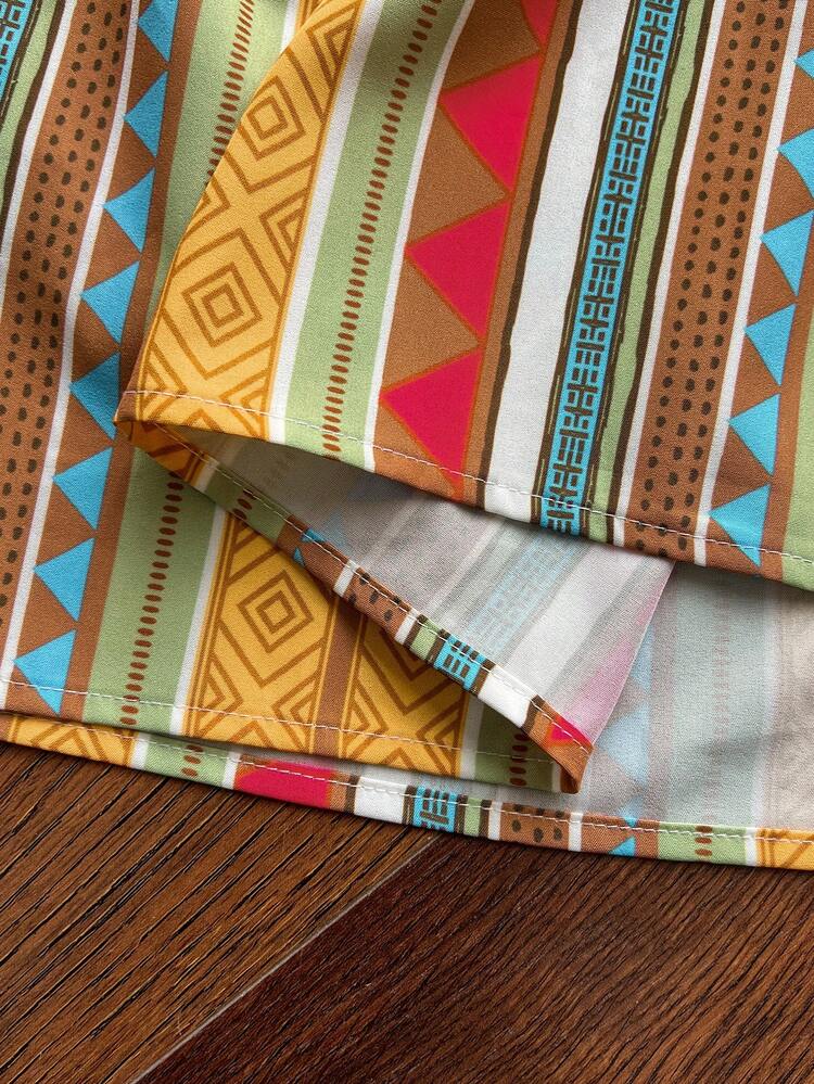 Plus Size Women Geometric Print Loose Ruffled Sleeve Bohemian Style Blouse