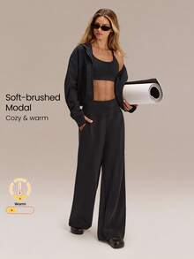 GLOWMODE 30 英寸莫代尔羊毛宽腿高腰可调节抽绳腰裤带侧袋日常休闲 - 黑色 - 查看 1