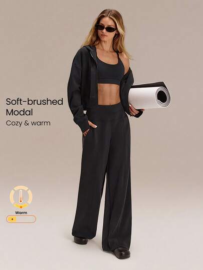 GLOWMODE 30 英寸莫代尔羊毛宽腿高腰可调节抽绳腰裤带侧袋日常休闲