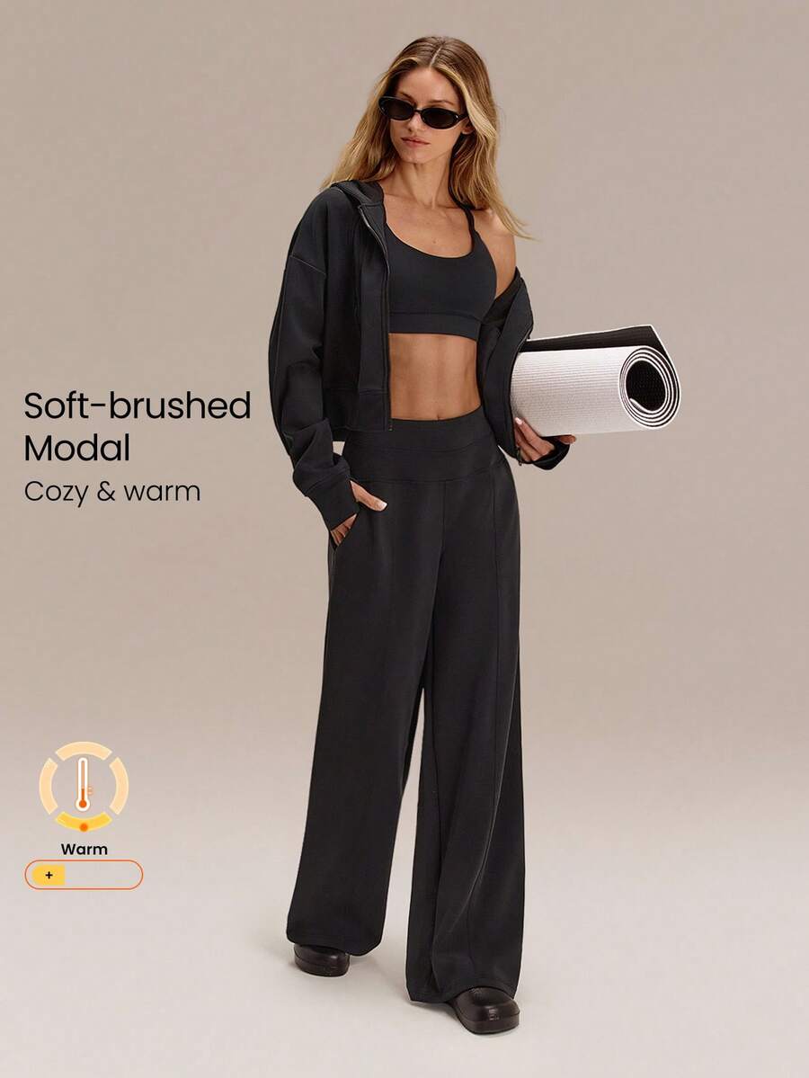 GLOWMODE 30 英寸莫代尔羊毛宽腿高腰可调节抽绳腰裤带侧袋日常休闲 - 黑色 - 查看 1