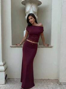 Aloruh Bộ đồ 2 mảnh thanh lịch màu trơn dành cho nữ, gồm áo và chân váy phối ren cổ lệch, thích hợp cho mùa hè. - Màu Đỏ Sâu - Xem 2