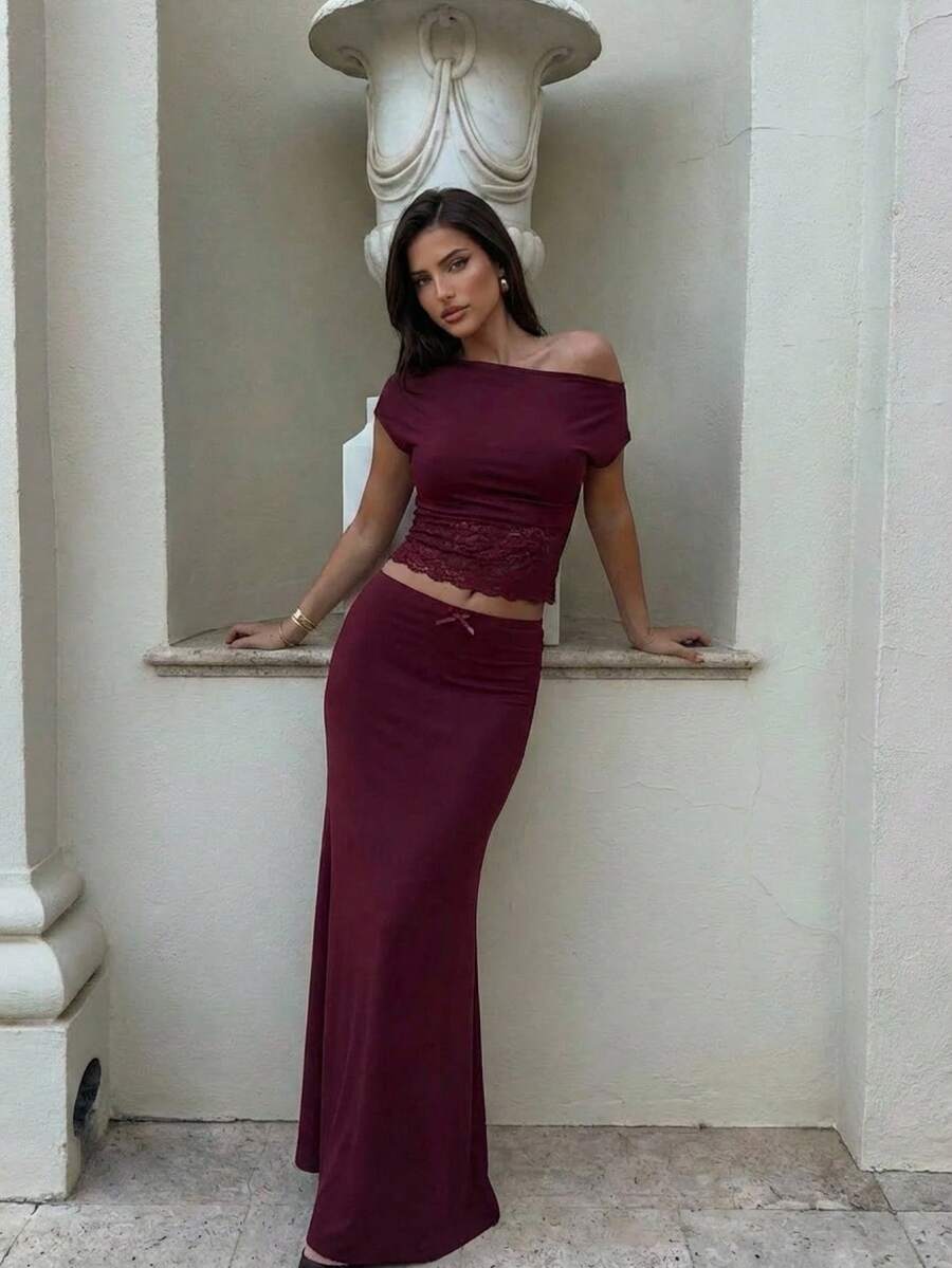 Aloruh Bộ đồ 2 mảnh thanh lịch màu trơn dành cho nữ, gồm áo và chân váy phối ren cổ lệch, thích hợp cho mùa hè.