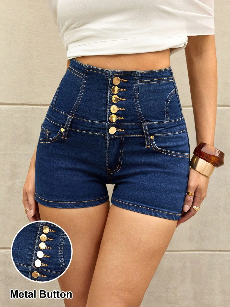 Selenza Pantalones cortos de mezclilla de cintura alta, ajustados, levantadores y adelgazantes, con cintura elástica y sexy para mujeres - Azul lavado oscuro - Ver 1