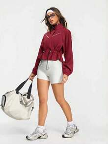 Eassivo Eassivo Women's Raglan Sleeve Drawstring Waist Casual Sports Jacket - Burgundy - View 3