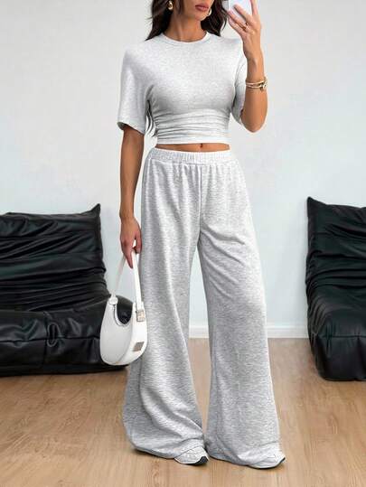 SHEIN Tall Women's Spring/Winter Streetwear Going Out Vintage Gray Tight Short Sleeve T-Shirt And Loose Sweatpants Casual Outfits 2pcs/Two Pieces