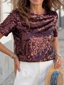 Solivie 女士亮片短袖上衣，奢华闪亮衬衫，适合夏季派对、婚礼等场合 - 酒紅色 - 查看 1