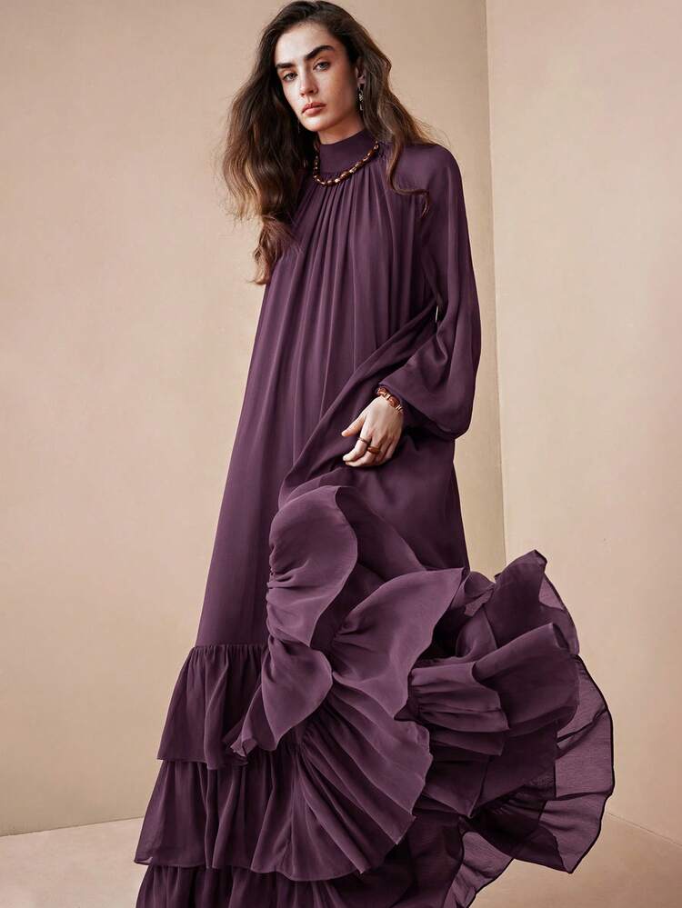 Arave Women's Elegant Deep Purple Tiered Ruffle Maxi Dress - High Neck  Gathered Waist, Long Bishop Balloon Sleeves, Flowy Chiffon Hem With  Multiple Ruffle Layers, Loose Oversized Fit, And Floor-Length Silhouette For