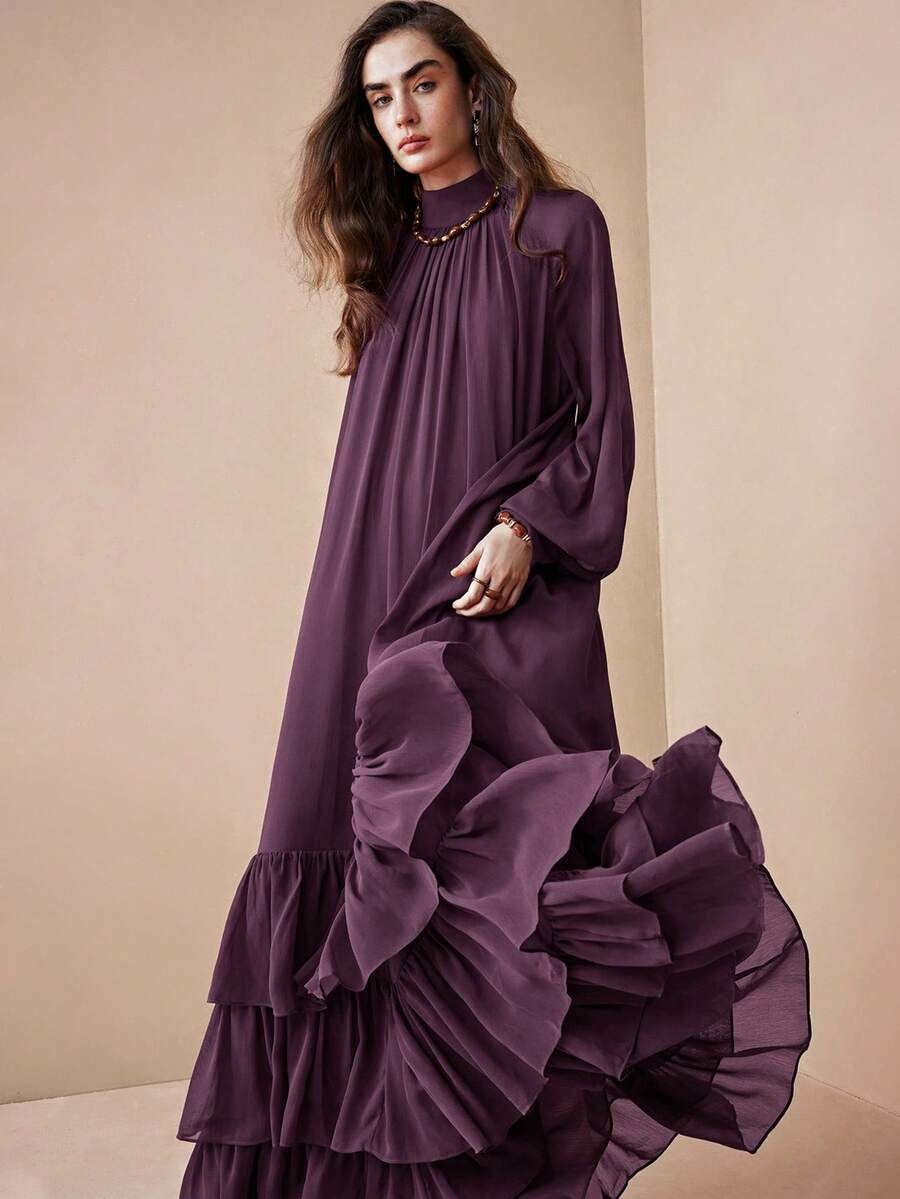 Arave Women's Elegant Loose Fit Long Chiffon Dress With Stand Collar And Layered Ruffle Hem, Suitable For Dates - Purple - View 1