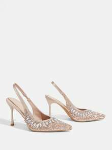 CUCCOO TILAWA 香槟色女鞋，新款尖头细高跟后跟提拉，饰以时尚华丽的水钻，性感宴会派对夜店女式高跟鞋，露跟女鞋 - 香檳色 - 查看 4