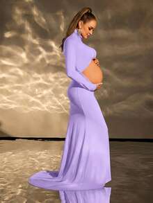 Cheriluna Maternity 纯色孕妇连衣裙，腰部镂空设计，长袖 - 紫色 - 查看 5