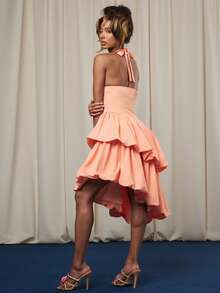 NYA SZN 女士纯色露背系带褶皱中长连衣裙，时尚百搭，适合派对和各种场合 - 橘色 - 查看 3