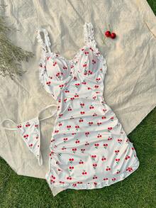 CottageSlumber Vestido entallado con volantes y estampado de cerezas, lencería - Blanco - View 4