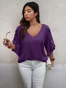 Calvaya Blusa informal de talla grande de unicolor con volantes, San Valentín - Morado - Ver 5