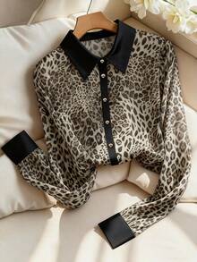 GlowEve CURVE Áo sơ mi nữ cỡ lớn họa tiết da báo bằng vải chiffon, phối nhiều mảnh, trang trí cúc vàng, kiểu dáng thường ngày mùa xuân/hè. - Nhiều màu - Xem 3