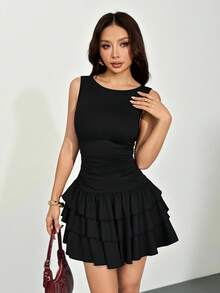 SHEIN PETITE 女士优雅纯色荷叶边黑色长袖连衣裙 - 黑色 - 查看 7