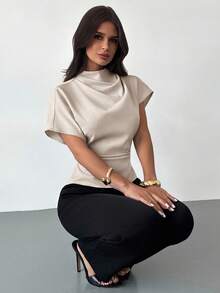 Firerie Wrinkled Collar Asymmetrical Sleeve Side Ruched Cinched Waist Commuter Apricot Bamboo Fiber Linen Blouse For Women, All Season,Summer Top - Apricot - View 2