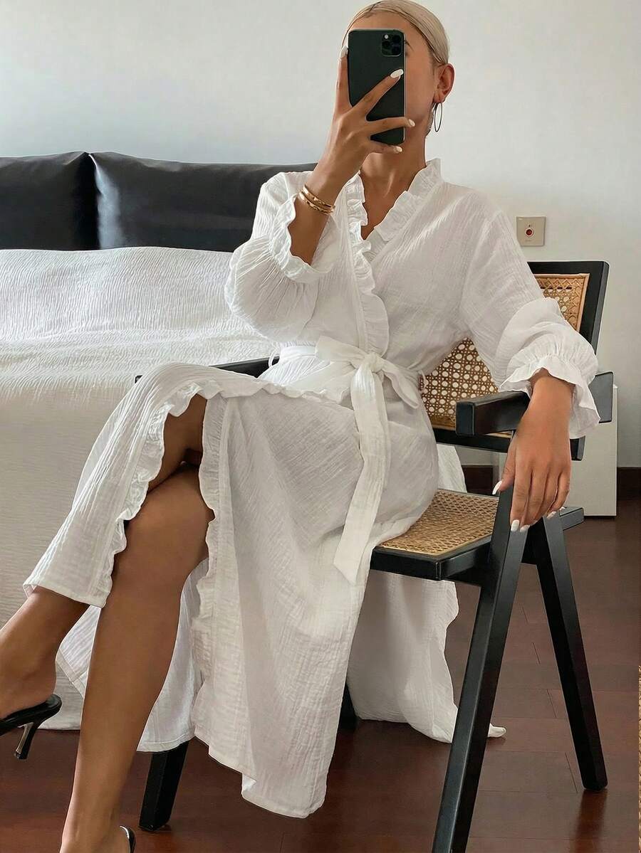 Romantic Ruffled Hem Long Wrap Around Women Sleepwear Robe, For Fall & Winter Pajama, Cozy Outfit - White - View 1