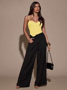 SHEIN BAE Women's Elegant Solid Color Sleeveless Bodysuit, Summer - Mustard Yellow - View 3