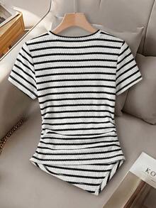 Tween Girl Striped Metallic Decor Casual Versatile Daily Wear T-Shirt - Black and White - View 2