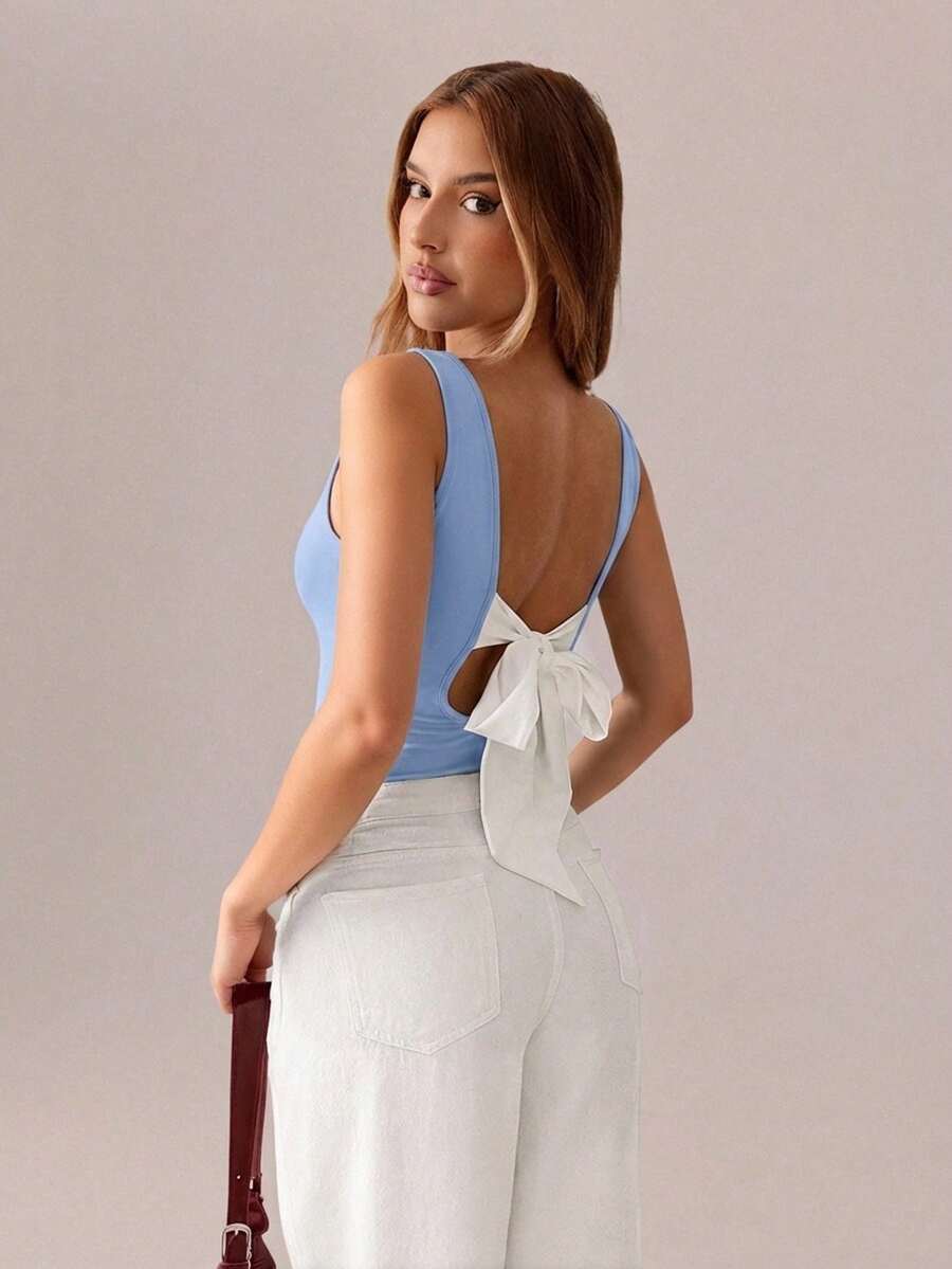 SHEIN SXY Summer Casual Backless Tie-Up Camisole - Blue - View 1