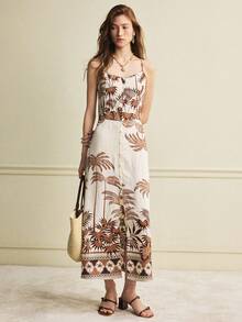 Écloséra Vestido casual de vacaciones sin mangas con estampado tropical - Marrón - Ver 3