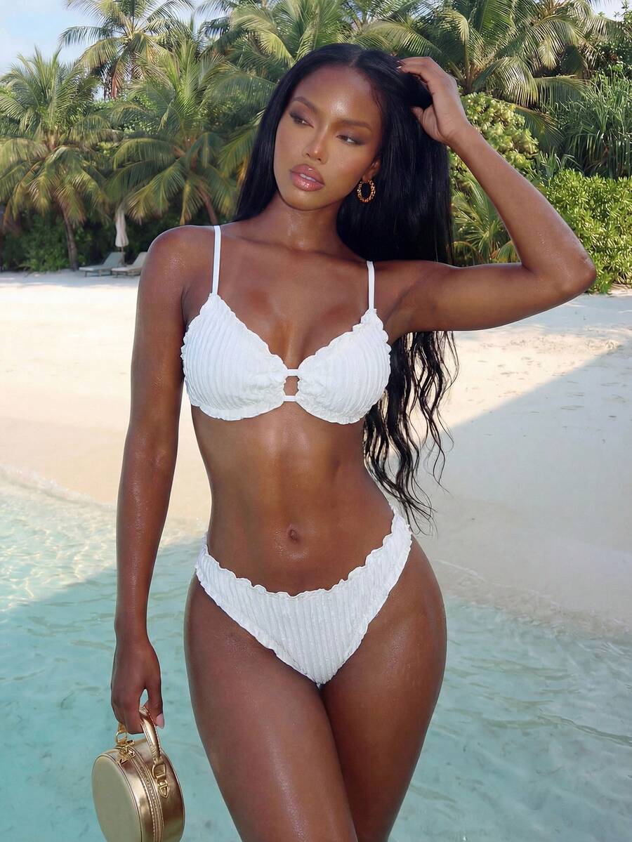 Vaytide Bộ bikini đi biển thường ngày bằng vải jacquard màu trơn viền bèo nhún dễ thương dành cho nữ - trắng - Xem 1