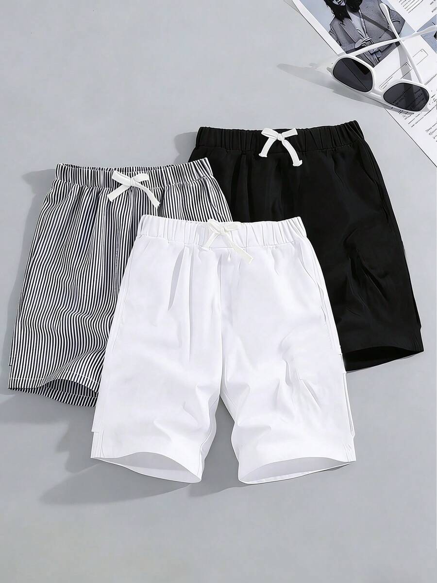 3pcs Tween Boy Loose Casual Woven Sports Workwear Shorts Set,Blue And White Striped,Summer,Beach Solid Color Simple Basic Versatile Spring Summer - Multicolor - View 1