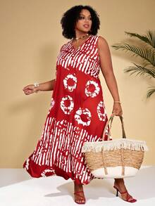 EMERY ROSE 大码夏季休闲度假印花V领开衩露背连衣裙 - 彩色 - 查看 1