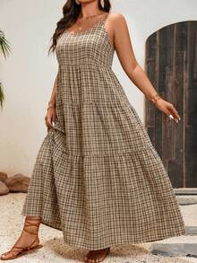 SHEIN VCAY 大码夏季休闲复古格子荷叶边吊带连衣裙 - 黑色 - 查看 3