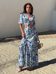 EURMUSE Bộ đồ hai mảnh phối màu xanh dương và trắng dành cho nữ – Áo croptop tay phồng và chân váy maxi cạp cao, bộ đồ mùa hè thanh lịch. - Xanh và trắng - Xem 2