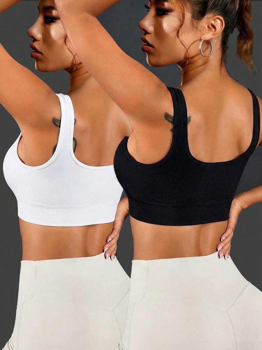 Velisys Velisys 2PCS Black And White Solid Color Thick Strap Wireless Seamless Sports Bra Pack,Summer Athleisure Gym Square Neck Built In Molded Cup Crop Tops - Multicolor - View 1