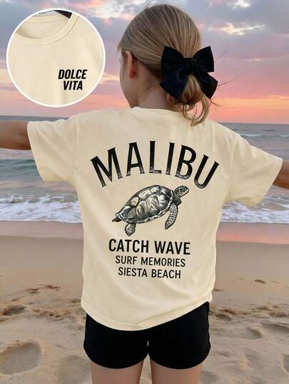 1pc 4-7 Years Old Girls Vintage Malibu Sea Turtle Letter Print Round Neck Short Sleeve Lightweight Casual Top, Suitable For Daily Wear, School, Beach Vacation, Sports & Leisure, Spring/Summer/Autumn
