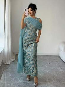 Elenzga 女士热销金色提花面料收腰长裙，搭配优雅雪纺披肩，适合春夏各种场合，如派对、约会、购物等。 - 藍色 - 查看 7