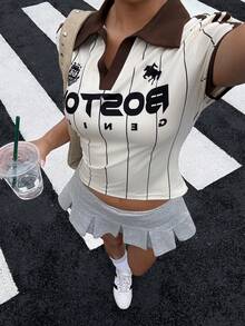 Muchica 女款超短版針織印花T恤，復古休閒夏季上衣，黑白條紋圖案上衣，返校季 - 杏色 - 查看 6