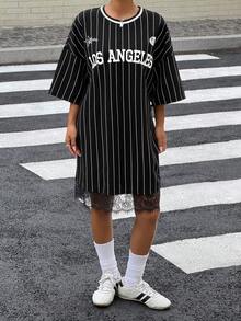 Muchica Women's Spring/Summer New Striped Contrast Lace Trim Loose Short Sleeve Mini Dress - Black and White - View 3
