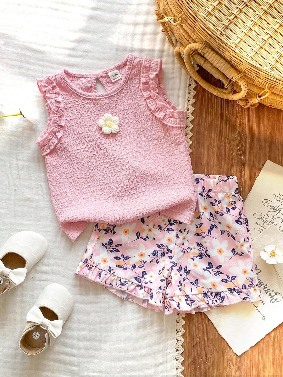 SHEIN Vintaside Kids 女婴可爱提花背心和提花短裤套装，春夏款 - 粉色 - 查看 1