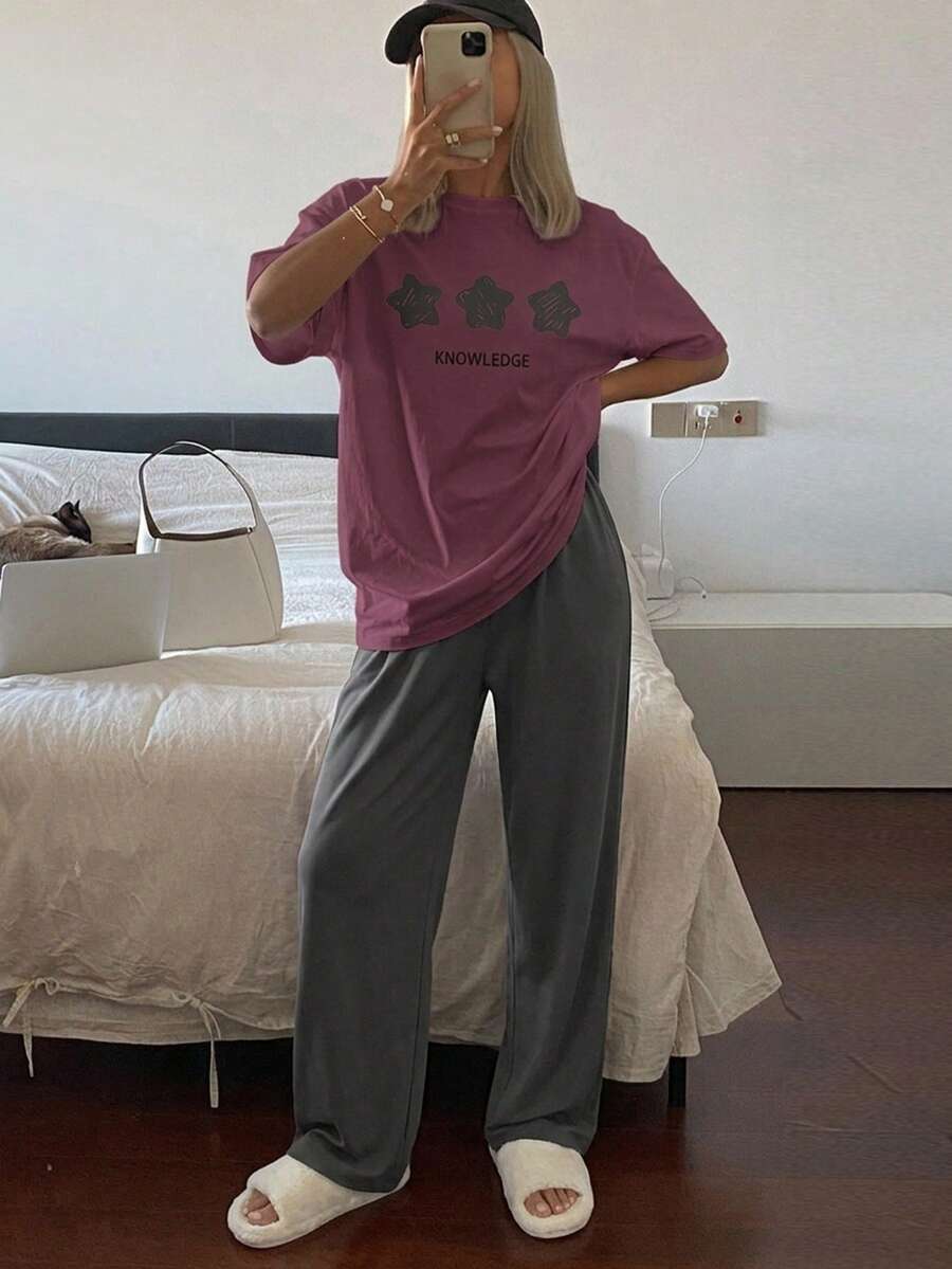 DAZY 2pcs Women Casual Star Print Loose Fit Short Sleeve Top And Pants Pajama Set - Purple - View 1