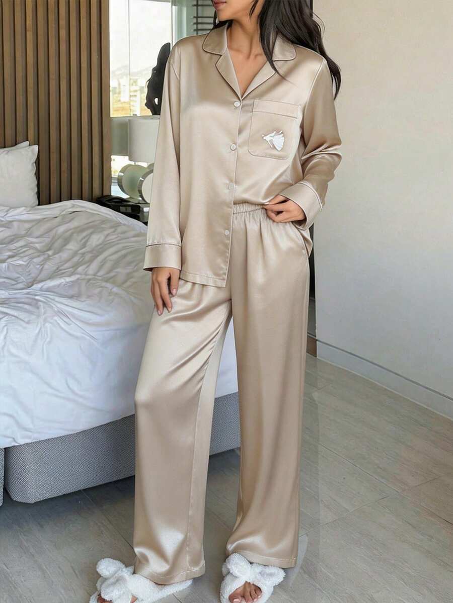 DAZY Satin Printed Decorative Women Pajama Set, Winter Clothes - Khaki - View 1