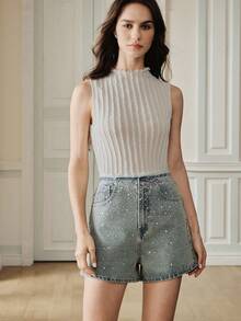 Anewsta Fashionable Lace Waistband Studded Denim Shorts - Blue - View 6