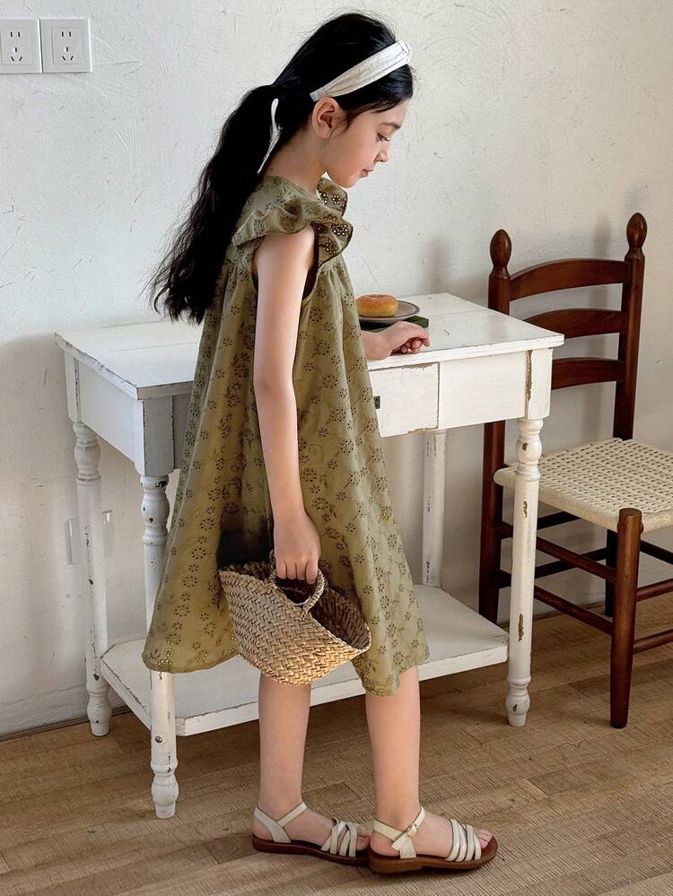 Tween Girl Allover Print Ruffle Hem Round Neck Casual Dress