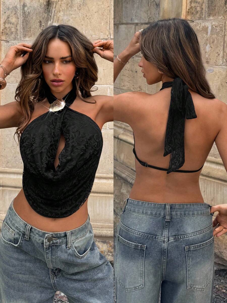 Aloruh 女士性感优雅交叉深V领镂空扎染印花露背吊带背心 - 黑色 - 查看 1