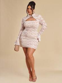 SHEIN BAE 女士加大码春季性感修身蕾丝白色镂空连衣裙 - 白色 - 查看 6